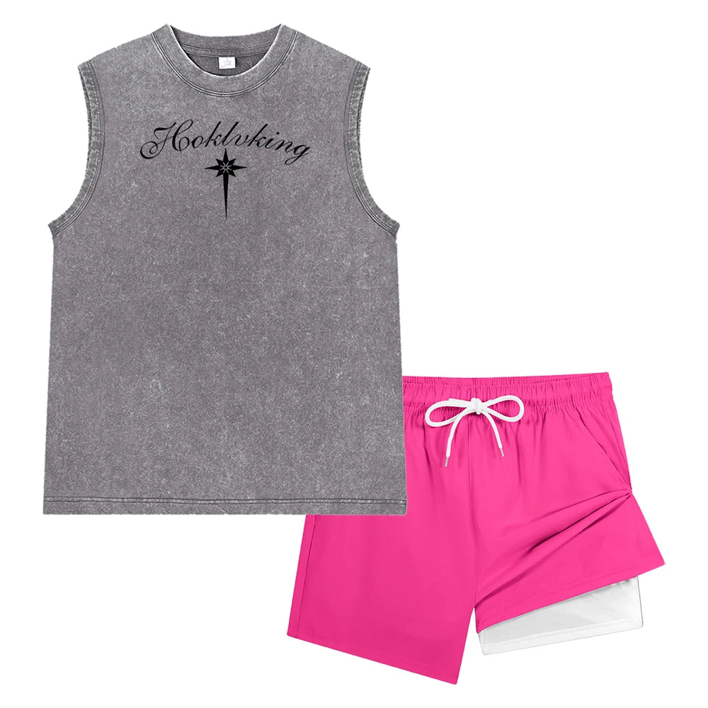 Men Washed Sleeveless Tank Top & Double Layer Liner Beach Shorts Vintage Casual Ornate Script Long Star Print Workout Short Set
