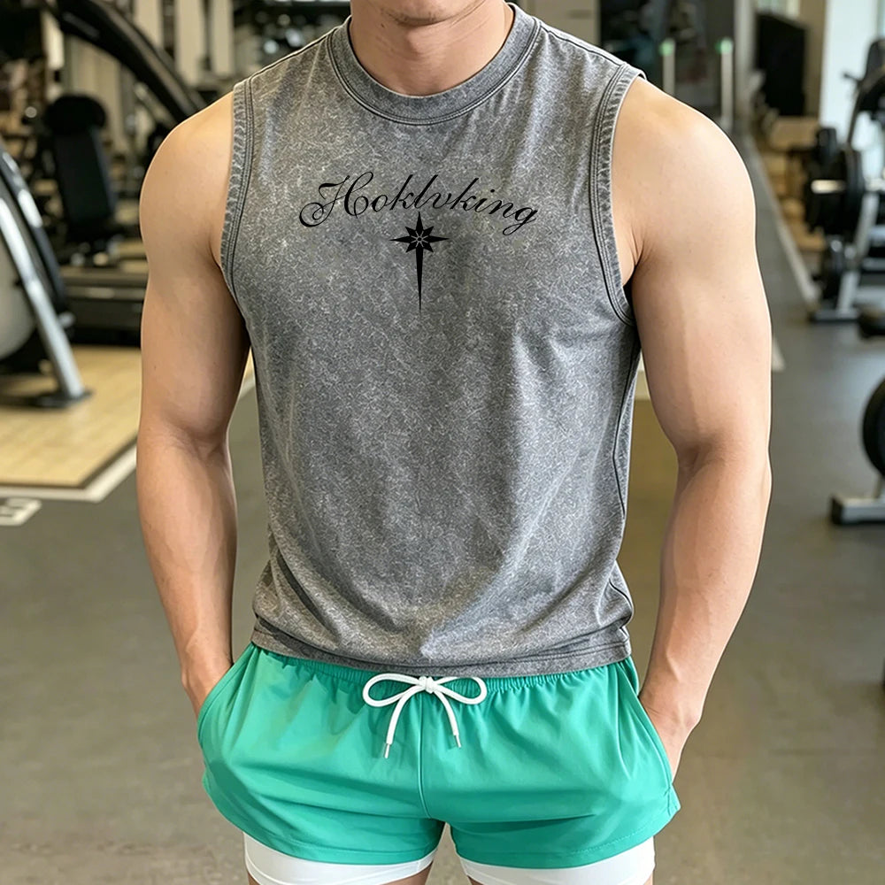 Men Washed Sleeveless Tank Top & Double Layer Liner Beach Shorts Vintage Casual Ornate Script Long Star Print Workout Short Set