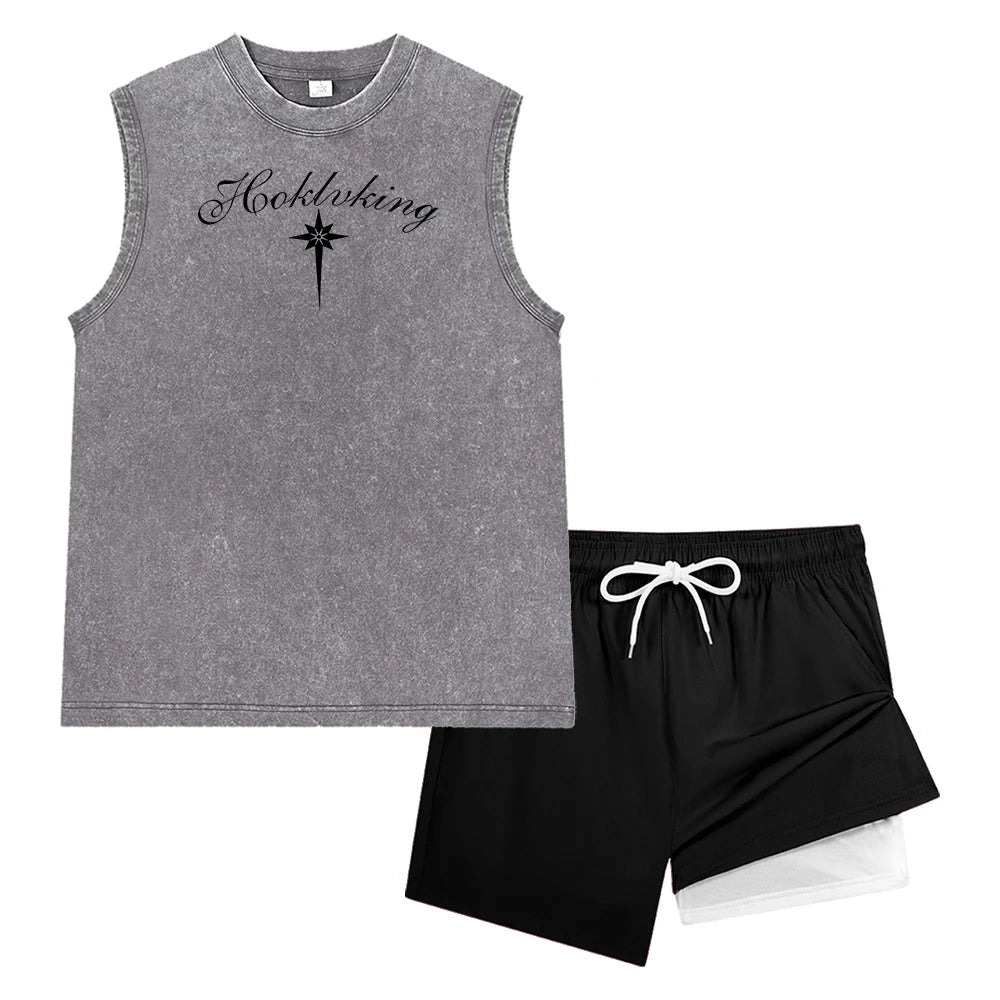 Men Washed Sleeveless Tank Top & Double Layer Liner Beach Shorts Vintage Casual Ornate Script Long Star Print Workout Short Set