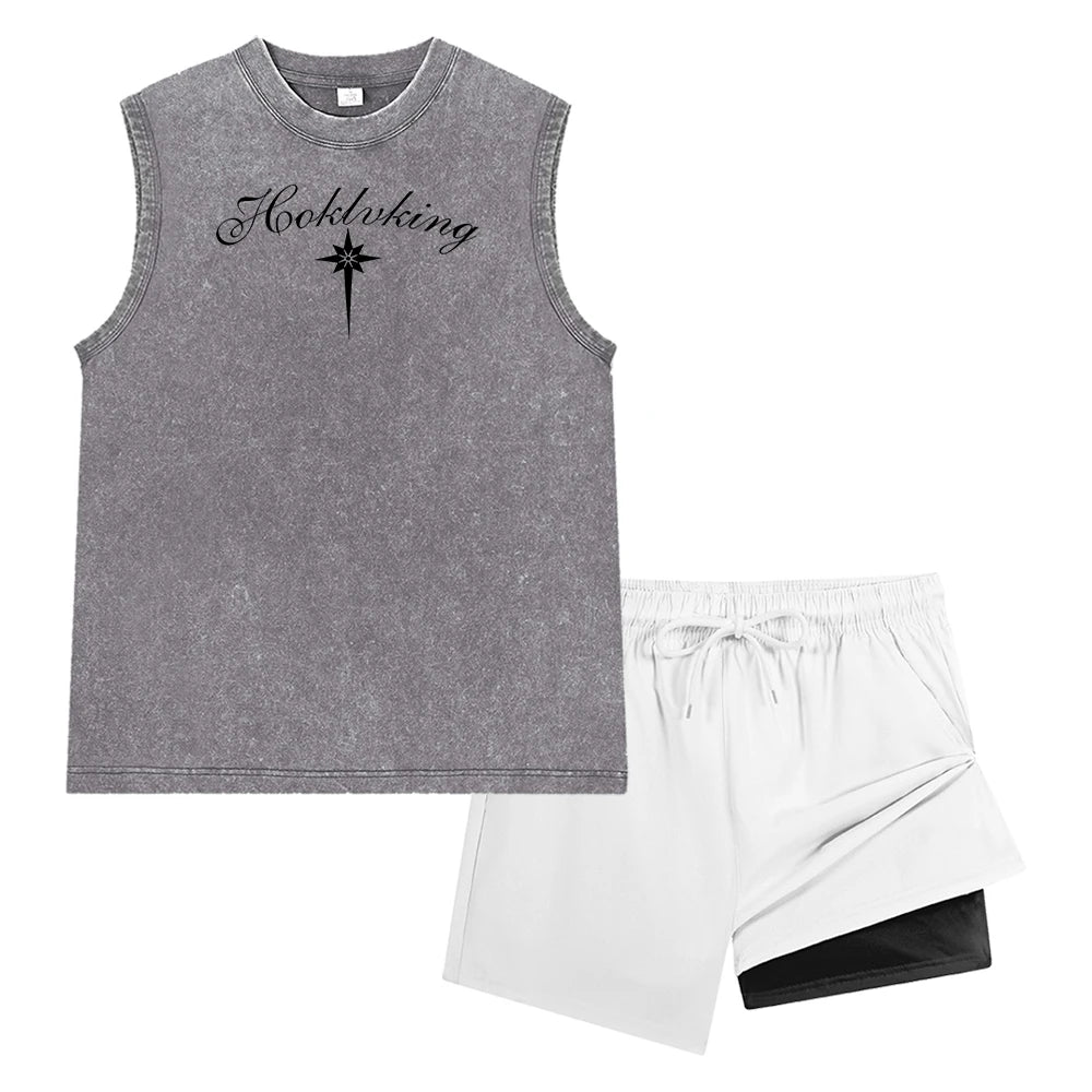 Men Washed Sleeveless Tank Top & Double Layer Liner Beach Shorts Vintage Casual Ornate Script Long Star Print Workout Short Set