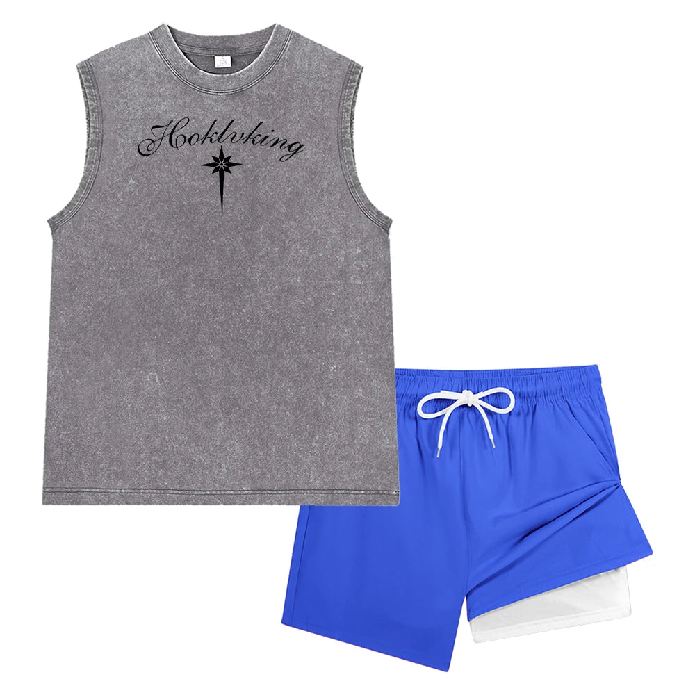 Men Washed Sleeveless Tank Top & Double Layer Liner Beach Shorts Vintage Casual Ornate Script Long Star Print Workout Short Set