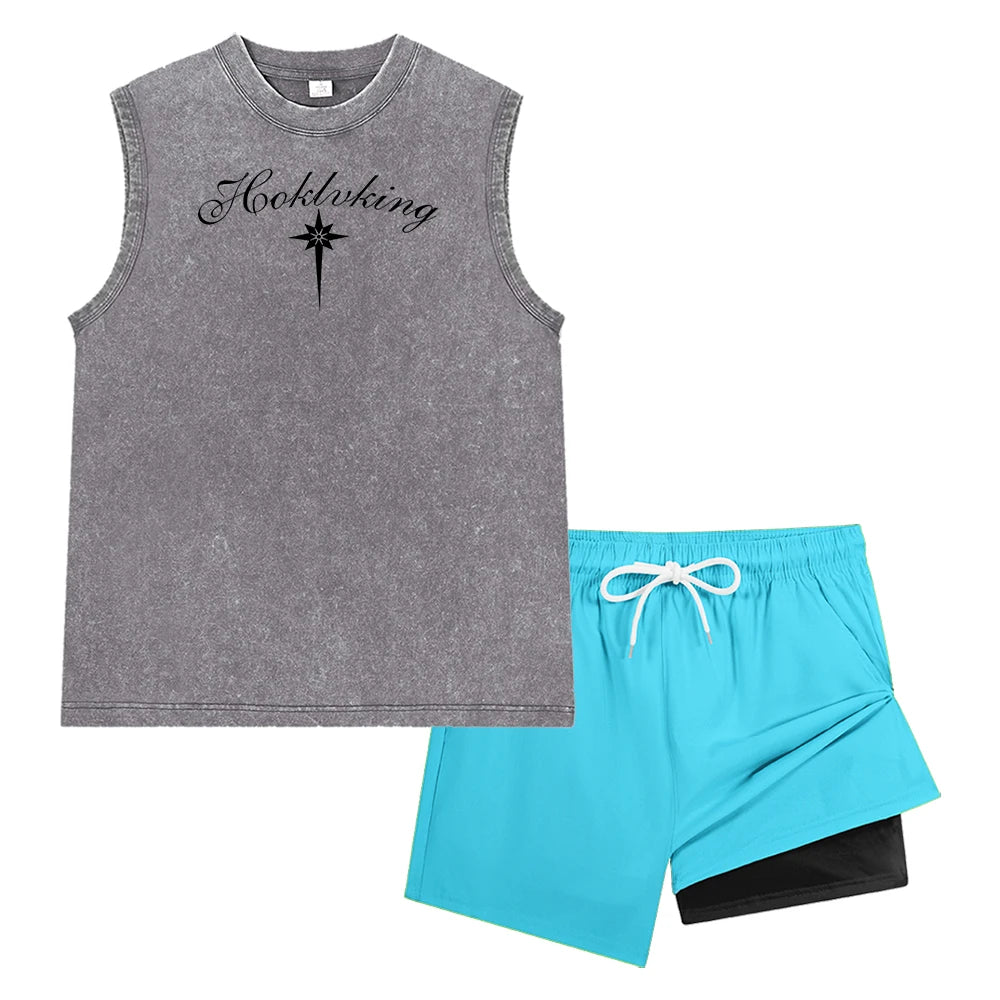Men Washed Sleeveless Tank Top & Double Layer Liner Beach Shorts Vintage Casual Ornate Script Long Star Print Workout Short Set