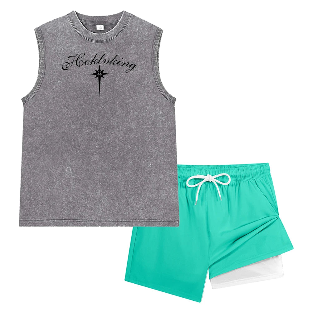 Men Washed Sleeveless Tank Top & Double Layer Liner Beach Shorts Vintage Casual Ornate Script Long Star Print Workout Short Set