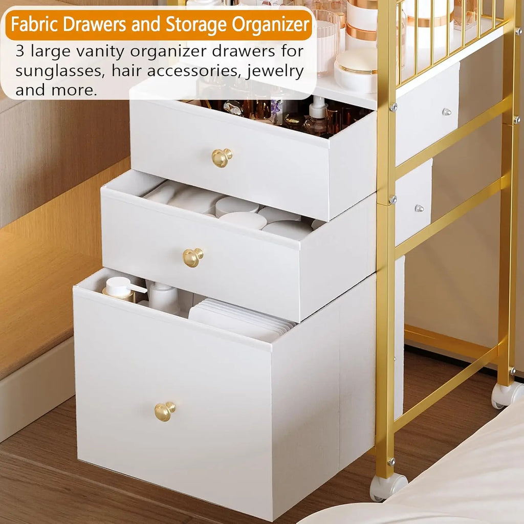 Makeup Cart Organizer with Mirror, Large Rolling Vanity Cart for Cosmetics, Skin Care, Perfume, Nail Polish Storage, Gold
