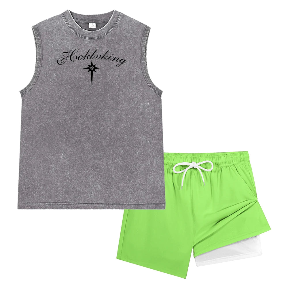 Men Washed Sleeveless Tank Top & Double Layer Liner Beach Shorts Vintage Casual Ornate Script Long Star Print Workout Short Set