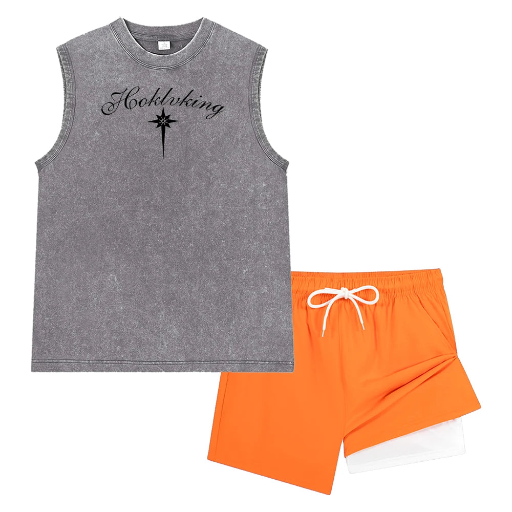 Men Washed Sleeveless Tank Top & Double Layer Liner Beach Shorts Vintage Casual Ornate Script Long Star Print Workout Short Set